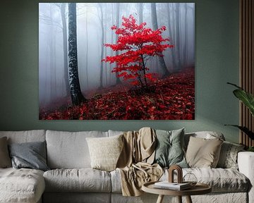 The colour red in the autumn mist, De kleur rood in de herfstmist by Christina Bauer Photos