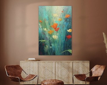 Bloemen schilderij | Vrolijke bloemen in blauw