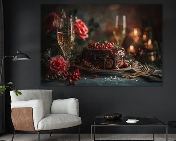Schokoladenkuchen und Champagner - Elegantes Party-Stillleben