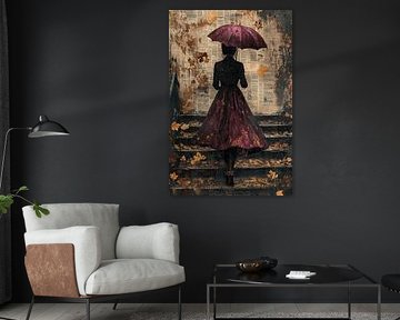 Femme avec parapluie en automne - peinture nostalgique et rêveuse