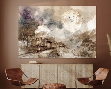 Train through mountain landscape - Nostalgic Watercolour Painting by Peter Pen Drawings and Paintings