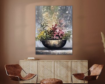 Vibrant Floral Abstraction in a Golden Bowl by Adriana