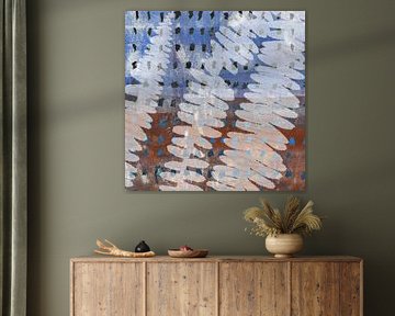 Abstract botanical  mixed media art. Fern leaves in blue and terracotta by Abstract Minimalist Art