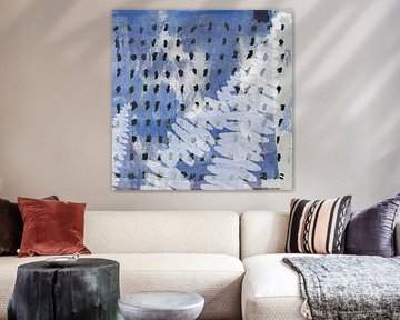 Abstract botanical  mixed media art. Fern leaves in blue, white and black by Abstract Minimalist Art