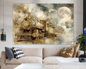Train à vapeur sous la lune - aquarelle de rêve sur Dessins et peintures de Peter Pen