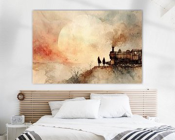 Train au coucher du soleil - aquarelle nostalgique sur Dessins et peintures de Peter Pen