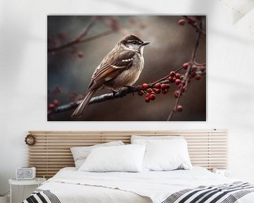 Sparrow on Branch with Red Berries - Tranquil Nature Photography