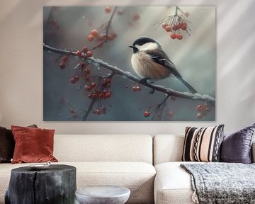 Great Tit on a Branch with Red Berries - Dreamy Nature Photography