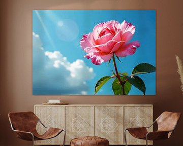 Pink Rose Against Blue Sky with Clouds