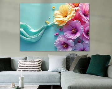 Arrangement of Artificial Flowers and Fabric on Blue Background