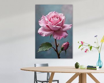 Pink Rose with Bud and Leaf against Teal Background