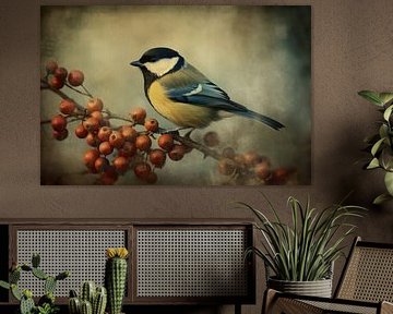 Great tit on Branch with Red Berries - Tranquil Nature Photography
