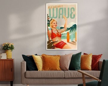 Surfing Pinup Girl On Beach In Bikini by The Whiskey Ginger