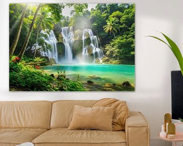 Waterval in tropisch bos met turquoise zwembad