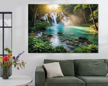 Waterval in turquoise zwembad omringd door bladeren