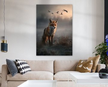 Fox & cranes in the morning mist by HyggeHavn