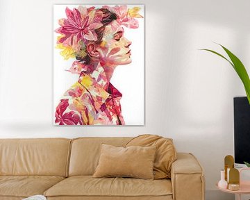 Verträumtes Aquarellporträt einer Frau mit Blumen im Haar und auf der Kleidung