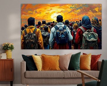 Refugees between borders and sunset - The silent movement of hope on the run into an uncertain future by AidasignArt