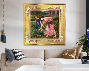 S.F. Pink and Gold Remastered Version of Gather Ye Rosebuds While Ye May by John William Waterhouse by Silver Fox Art Decor