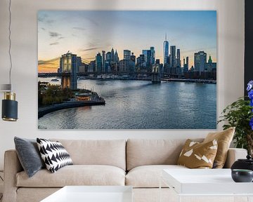 New York skyline tijdens zonsondergang