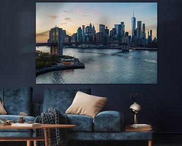 New York skyline tijdens zonsondergang