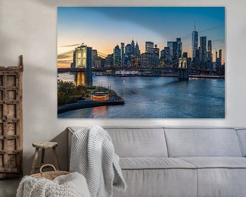 New York skyline tijdens zonsondergang