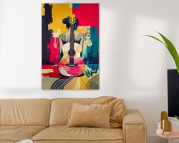Summer Strings - Colourful Pop Art Portrait of Woman with Guitar by Arjen Roos