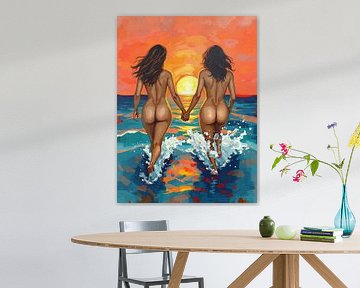 Lovers hand in hand towards the horizon - Two women in the splendour of the setting sun, united in a sea of light, freedom and tenderness