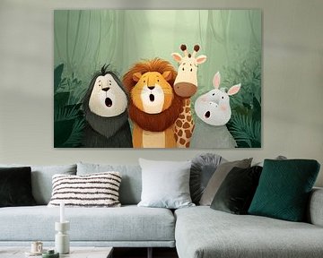 Quatre amis animaux forêt aventure jungle verte