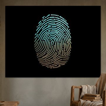 Futuristic Biometric Identity Design - Neon Blue and Gold Gradient Fingerprint Artwork