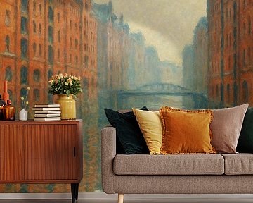 De Hamburgse grachten van Monet - Mist over Speicherstadt