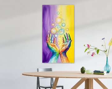 Vibrant Rainbow Hands Releasing Bubbles Watercolor Abstract Wall Art Poster by Creative On Site