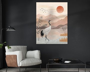 Japanischer Kranich Wandkunst - Minimalistischer Naturdruck von taufid hidayat
