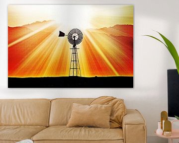 a western wind turbine at sunrise in South Africa mixed media by Werner Lehmann