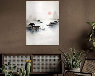 Village de pêcheurs japonais dans le brouillard