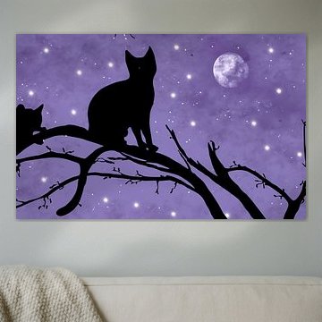 Illustration de deux chats sur une branche, la nuit, avec la lune et le soleil.