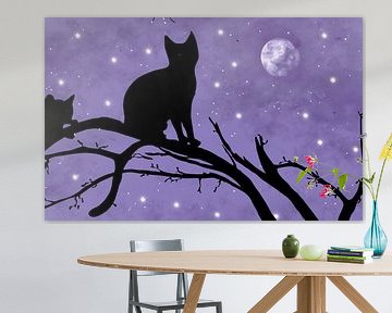 Illustratie van twee katten op een tak in de nacht met maan en s