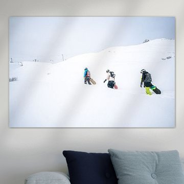 Freeriding powder snow riding in Montafon, Vorarlberg Snowboard group