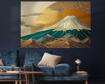 Paysage japonais abstrait : Mont Fuji avec soleil doré sur Studio Pieternel