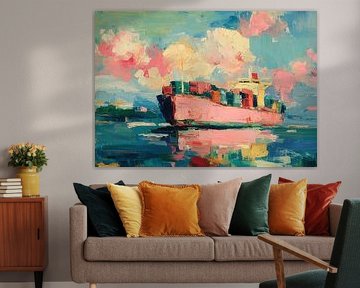 Pastel container ship on calm waters by Niklas Maximilian