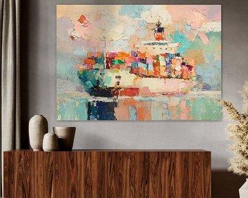 Colourful container ship in expressive painting by Niklas Maximilian