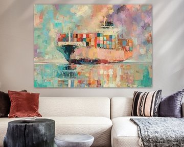 Orange-pink container ship on calm waters by Niklas Maximilian