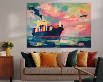 Expressief containerschip op een kleurrijke zee van Niklas Maximilian