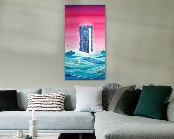 Vibrant Blue Doorway Poster Print - Surreal Wasser Kunst mit rosa Himmel Hintergrund
