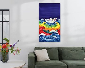 Paper Boat on Rainbow Waves – Colorful Ocean Illustration Poster by Creative On Site