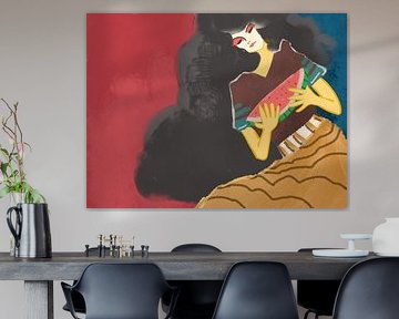 WATERMELON BLISS, Frau genießt frisches Obst, Pinselstrich-Stil und beeindruckend von Prasilia