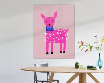 Cheerful pink reindeer with Christmas lights and blue scarf - playful winter art