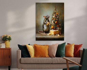 Christmas mouse with cheese and tree - warm winter tableau full of charm