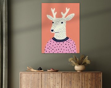 Minimalistisches Hirschporträt mit rosa Pullover - moderne Illustration mit spielerischem Gefühl