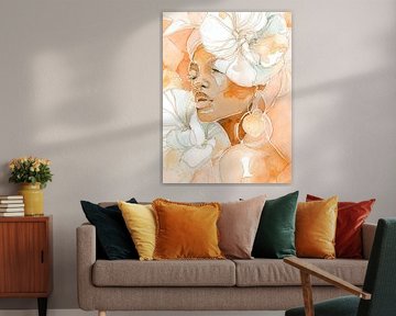 Elegante Frau mit Blumen in Aquarell - weiche Linien und warme Pfirsichtöne